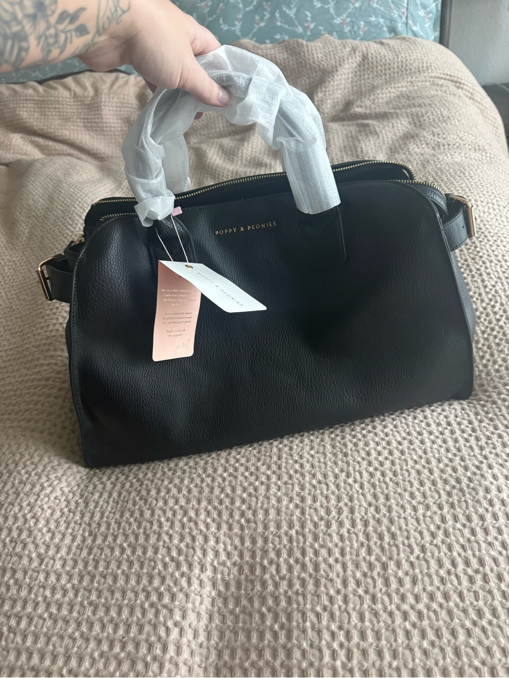 Poppy & Peonies Black Pebbled Leather Satchel with Gold Hardware